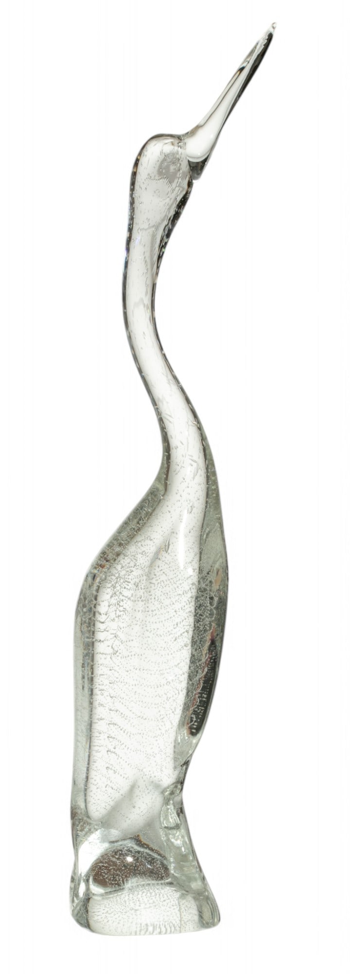 Illegibly Signed Art Glass Crane Sculpture H 24" W 4" Depth 4": Illegibly Signed Art Glass Crane Sculpture H 24" W 4" Depth 4" The crane sculpture with an upward gaze. The colorless glass with suspended air bubbles. Artist's illegible signature incised to the unde