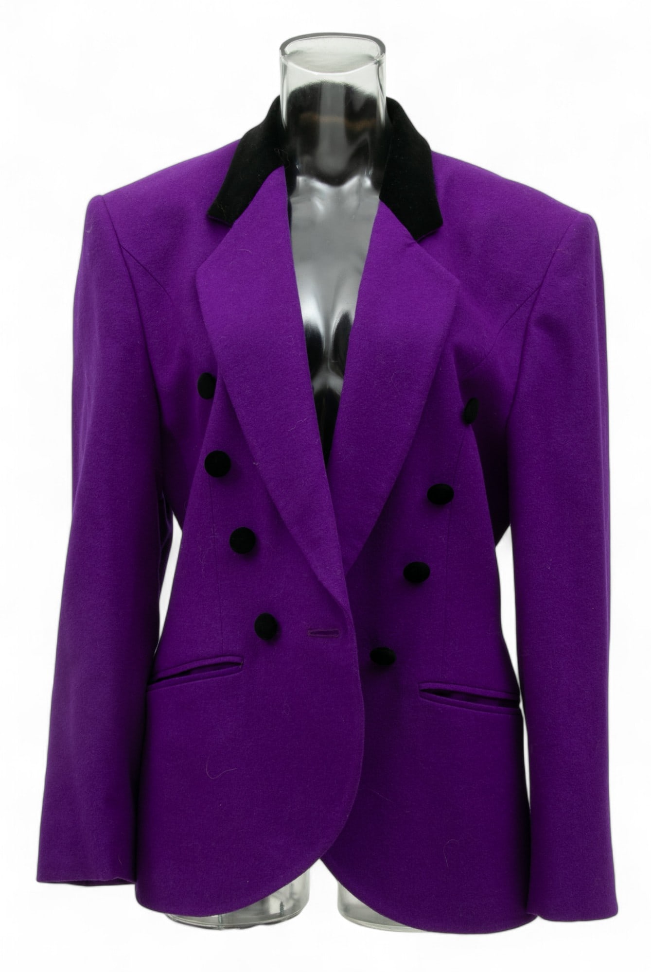 Louis Féraud (French) Wool & Black Velvet Piped Jacket, Size: 4: Louis Féraud (French) Wool & Black Velvet Piped Jacket, Size: 4 The jacket with violet cashmere and eight black velvet buttons and collar. Bearing signature branding labels to the collar and lini