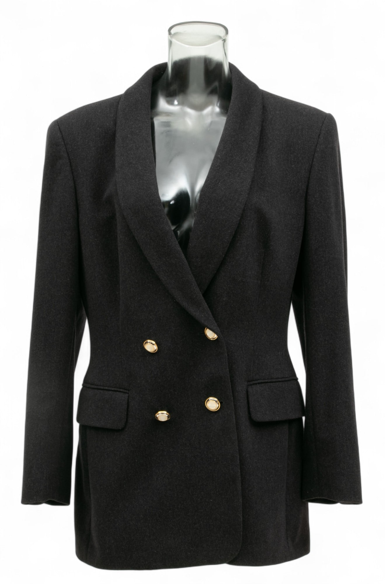 Escada (German) Italian Cashmere Double-Breasted Jacket, Size: 38: Escada (German) Italian Cashmere Double-Breasted Jacket, Size: 38 The double-breasted jacket with charcoal grey cashmere and four gold tone buttons. Bearing signature branding labels to the collar and