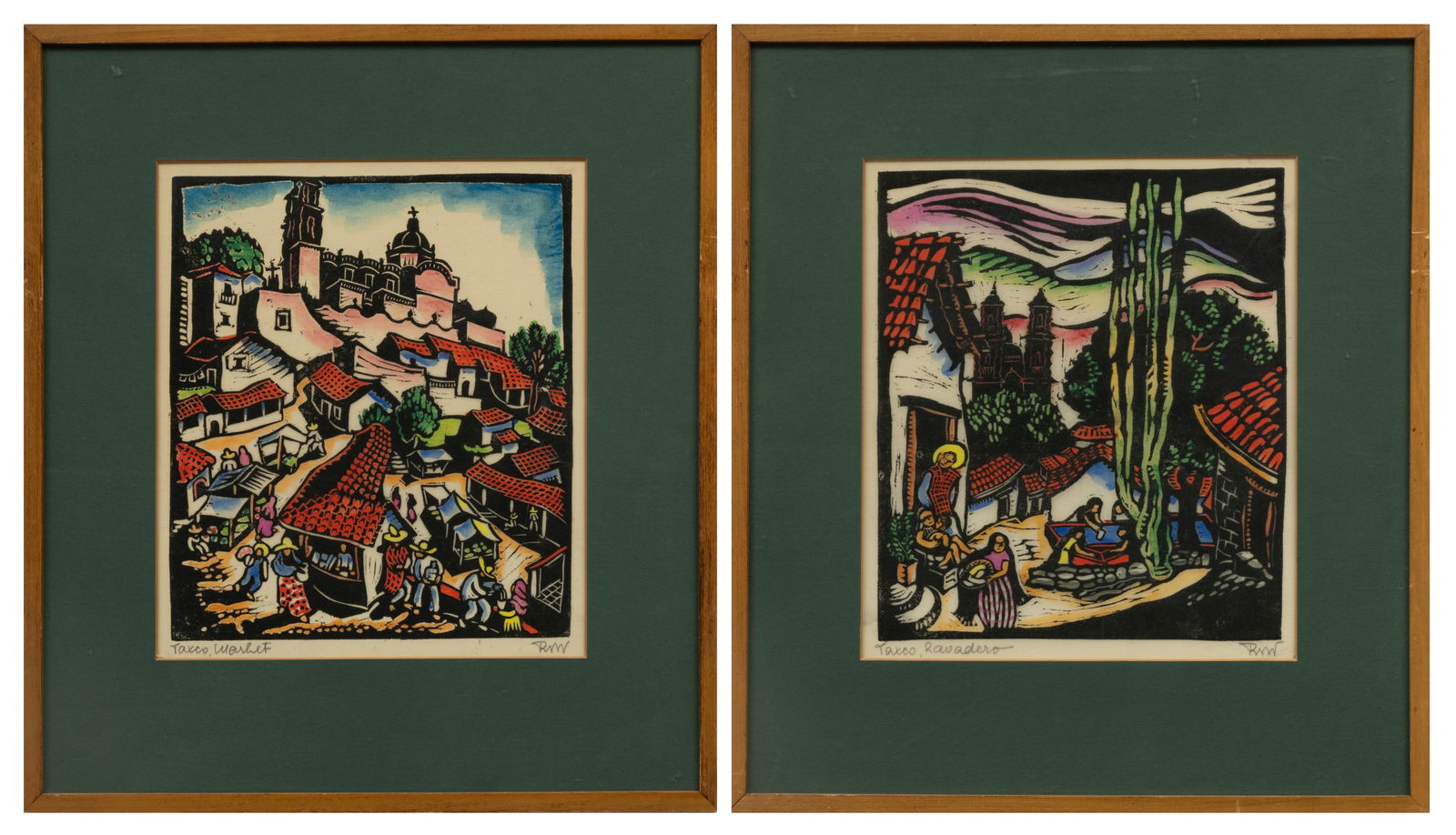 Two Woodblock Prints "Taxco Varadero And Taxco Market", H 9" W 7.75" 2 pcs (1 of 11)