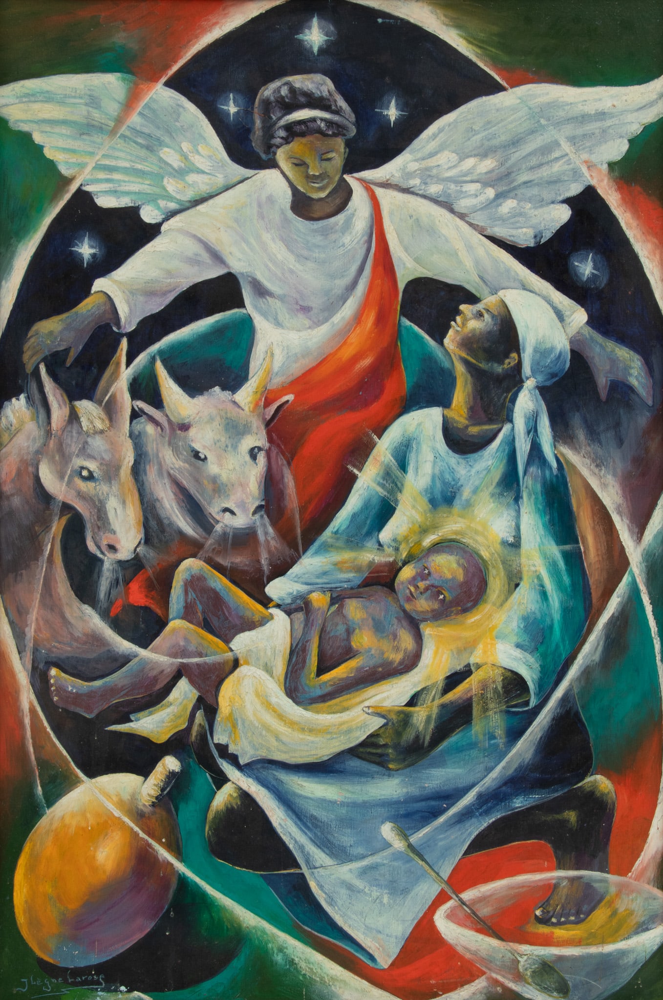 J. Legou Larose Oil on Thin Board 'Black Nativity' H 35" W 23": J. Legou Larose Oil on Thin Board 'Black Nativity' H 35" W 23" Depicts Madonna and child in the manger, with angel and donkey. Provenance: Property from the Charitable Trust of Felix Sampayo, Toledo, 