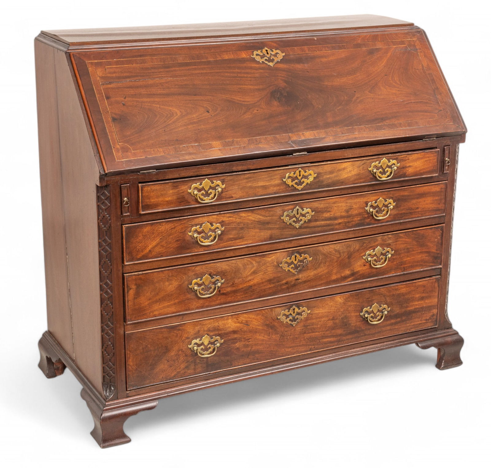 English George III Style Mahogany Drop Front Bureau, Ca. 19th C. H 43" W 47" Depth 22" (1 of 9)