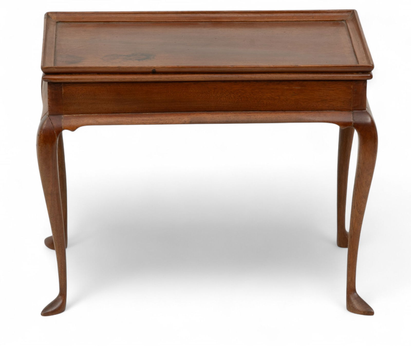 Miniature Mahogany Table H 8.5" W 11" Depth 6.5": Miniature Mahogany Table H 8.5" W 11" Depth 6.5" A miniature mahogany table with four cabriole legs on slipper feet. Provenance: Property of a Grosse Pointe Park, MI private collector. Dimensions: 1