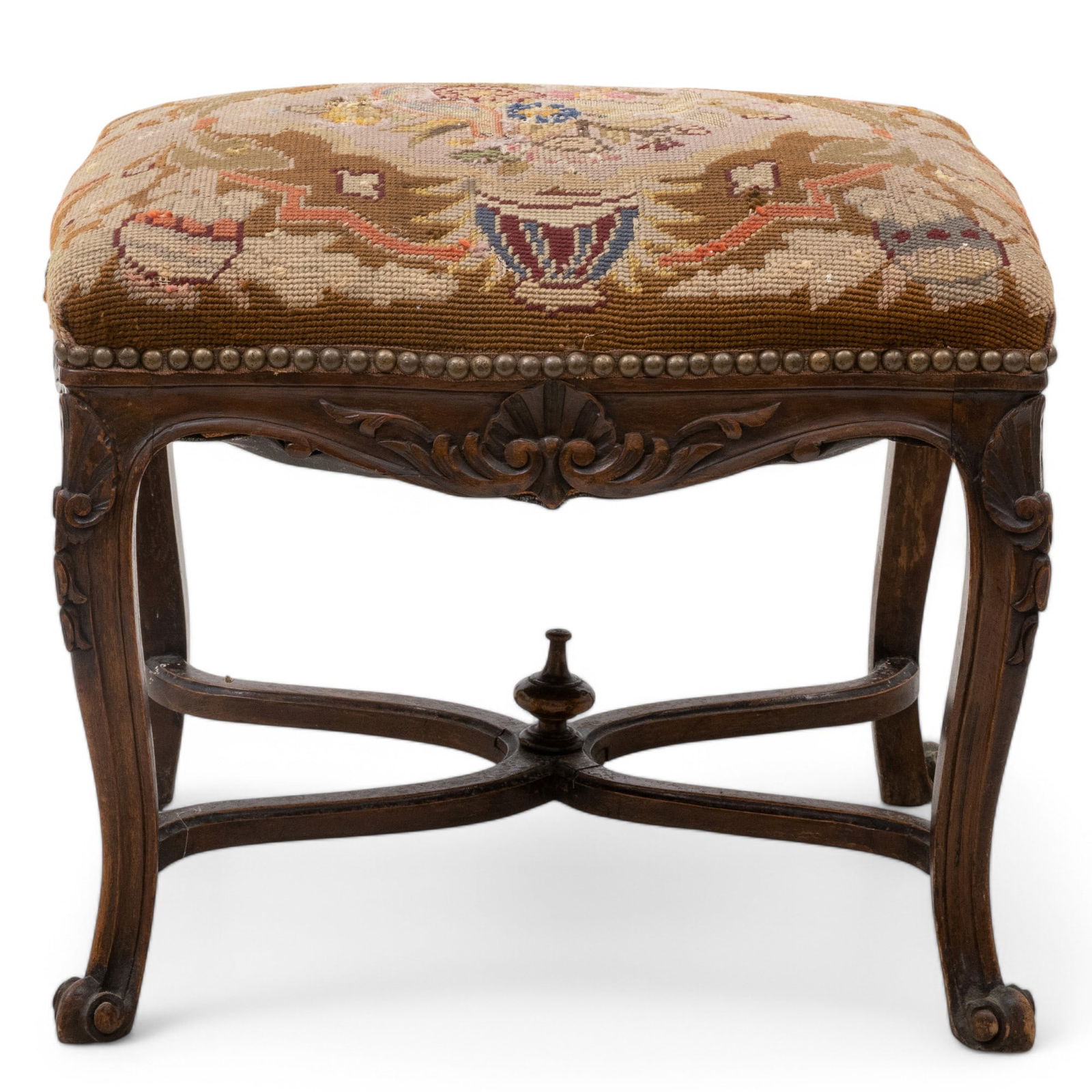 Louis XV Style Carved Walnut & Needlework Stool, 1920 H 16" W 20" Depth 15" (1 of 6)