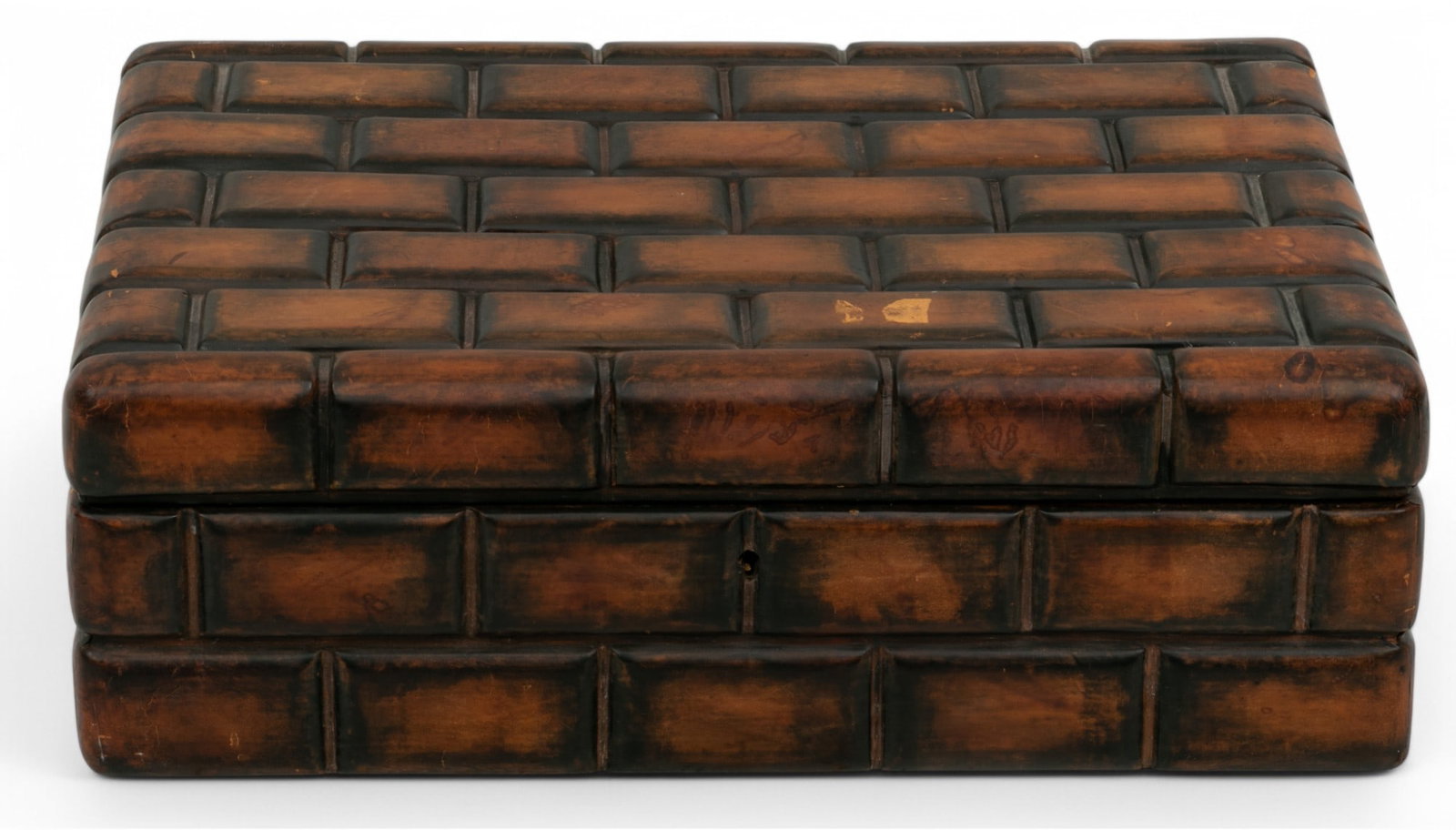Fasoli (Italian) for Neiman Marcus (American) Tooled Leather Humidor Box H 5" W 15.5" Depth 11": Fasoli (Italian) for Neiman Marcus (American) Tooled Leather Humidor Box H 5" W 15.5" Depth 11" With a brick motif exterior and tooled leather underside. The box opens to reveal a white-lined interior