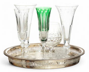 William Yeoward Bunny Flutes (2)+2 Others Waterford Brandy (1) + Silver Plate Tray 7 PCS (1 of 7)