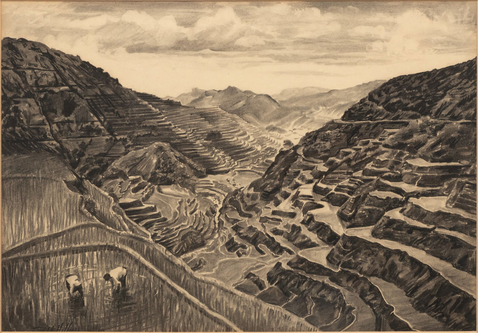 Seth Hoffman (American, 1895-1948) Charcoal Drawing on Paper, 'Terrace Farming' H 13" W 18.5": Seth Hoffman (American, 1895-1948) Charcoal Drawing on Paper, 'Terrace Farming' H 13" W 18.5" Depicting a vast landscape with two harvesting figures in the foreground. Signed lower left. Frame measure