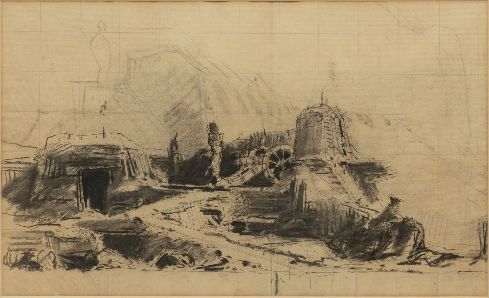 Charcoal And Watercolor Preliminary Sketch 19th Century, H 11" W 19": Charcoal And Watercolor Preliminary Sketch 19th Century, H 11" W 19" Depicts a battle site with cannon and battery. Possibly Spanish or French. Provenance: Property from the Charitable Trust of Felix 