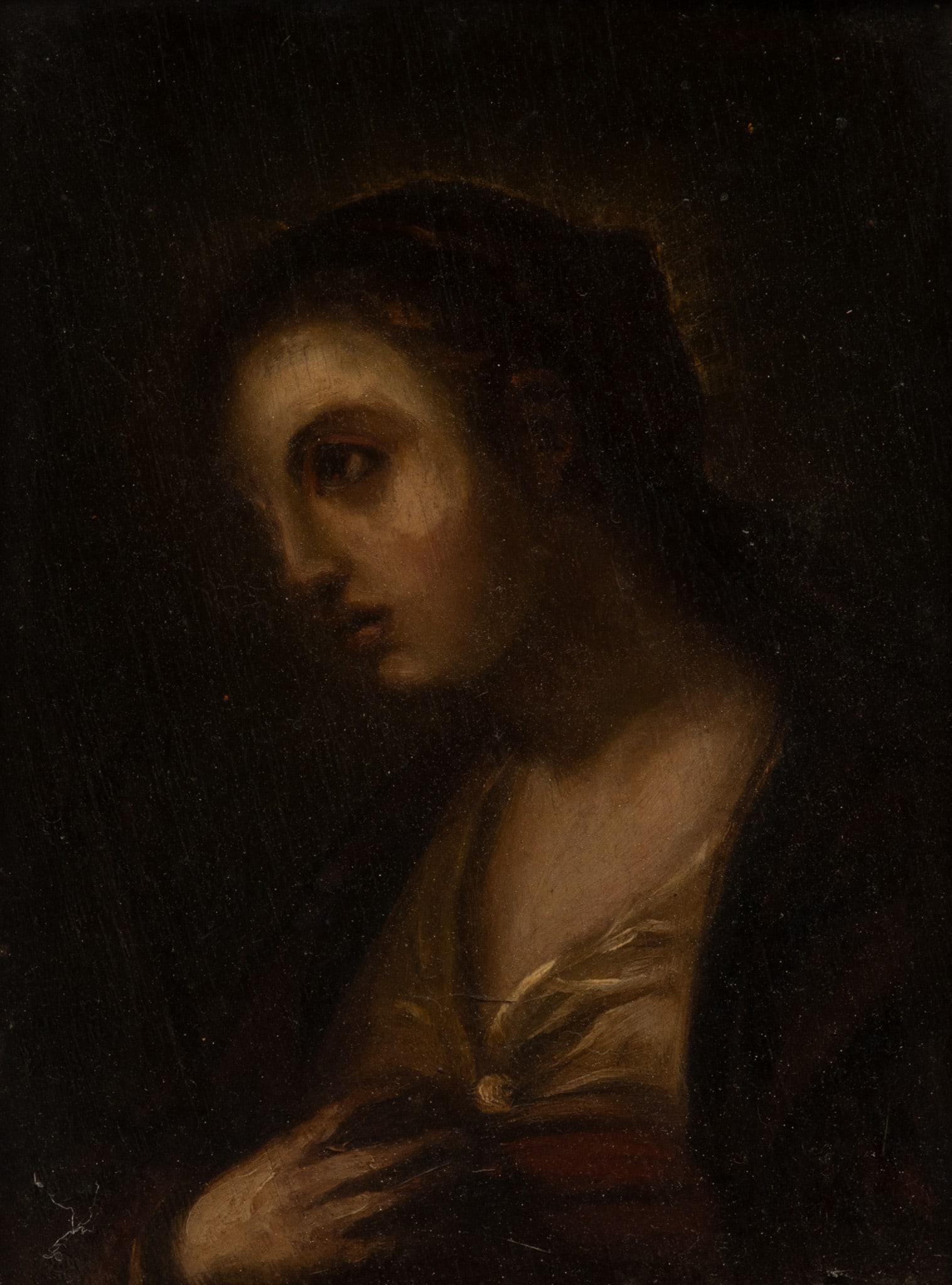 Oil on Board Probably 19th Century, H 7" W 5.25" H 7" W 5.3": Oil on Board Probably 19th Century, H 7" W 5.25" H 7" W 5.3" A portrait of a woman, similar to Madonna, in a Baroque gilt frame. Probably 19th century. Purchased in Spain. Provenance: Property from th