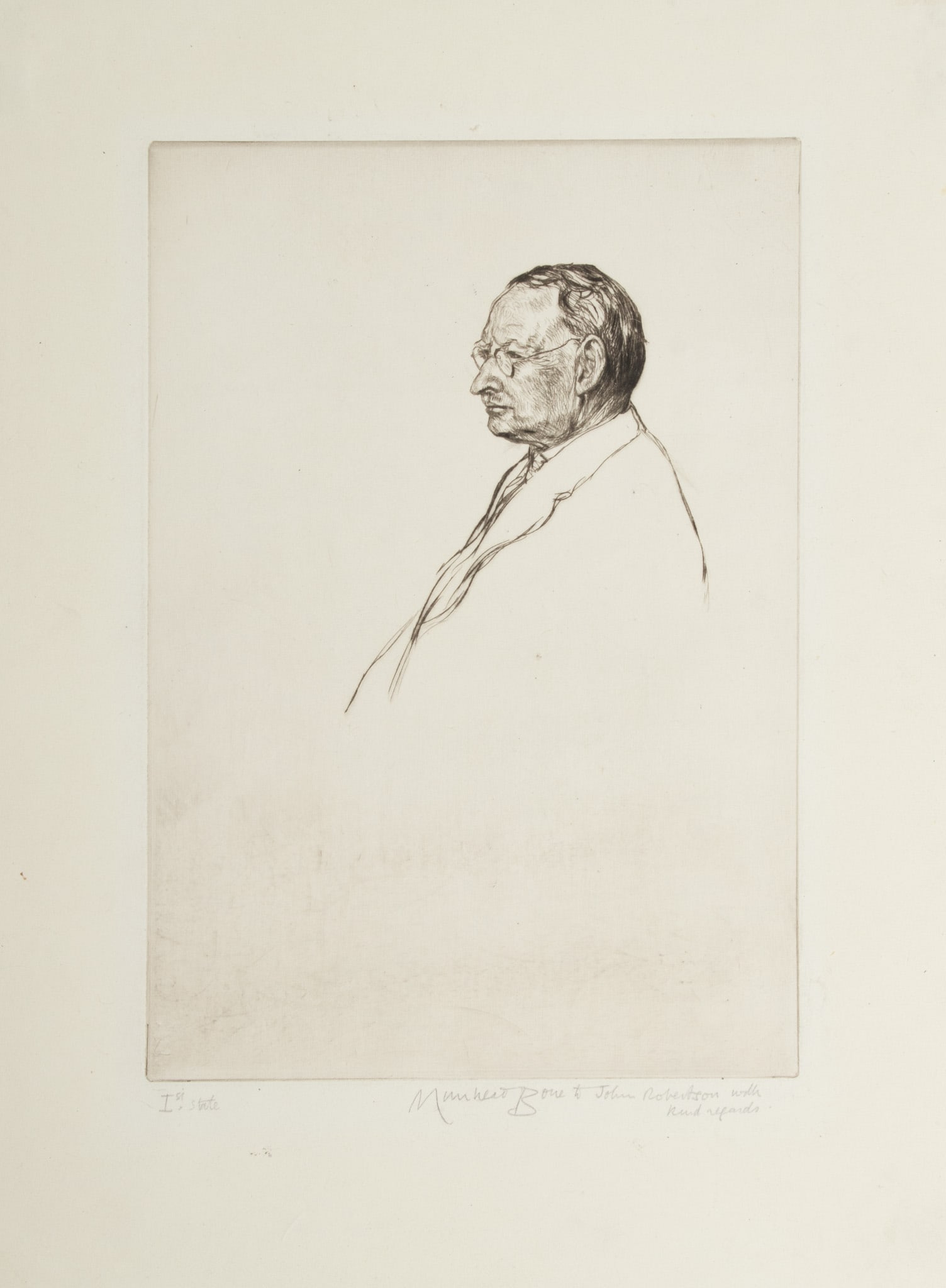 Muirhead Bone (Scottish, 1876-1953) Drypoint Etching on Paper, Ca. 1929, 'John Robertson, J. P.,: Muirhead Bone (Scottish, 1876-1953) Drypoint Etching on Paper, Ca. 1929, 'John Robertson, J. P., Dundee' H 10" W 7" 1st state. Signed and inscribed in the lower right margin "Muirhead Bone to John Rob