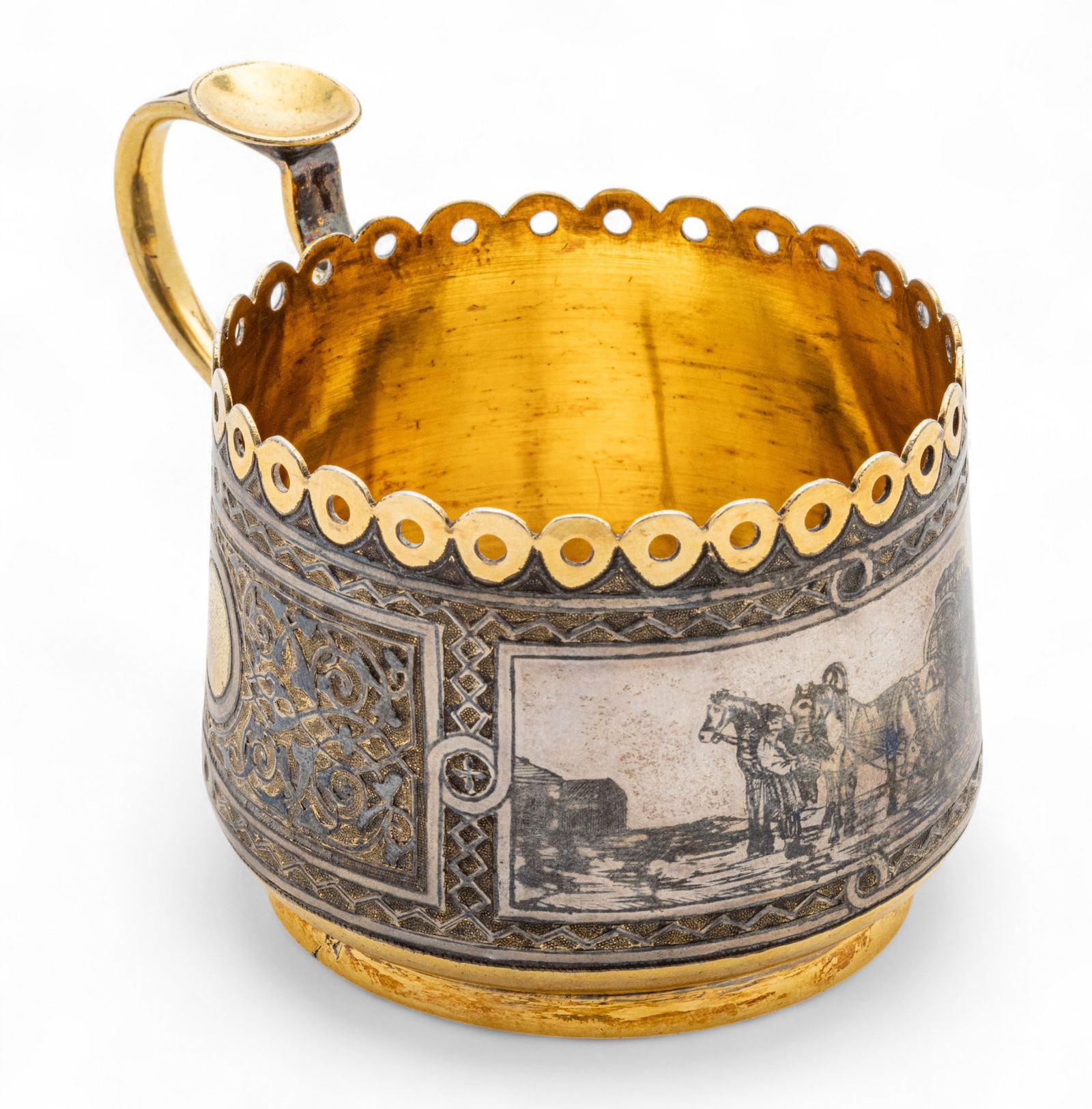 Russian Silver Vermeil And Niello Tea Glass Holder H 2.3" W 2.8" L 4" 3.8t oz (1 of 9)