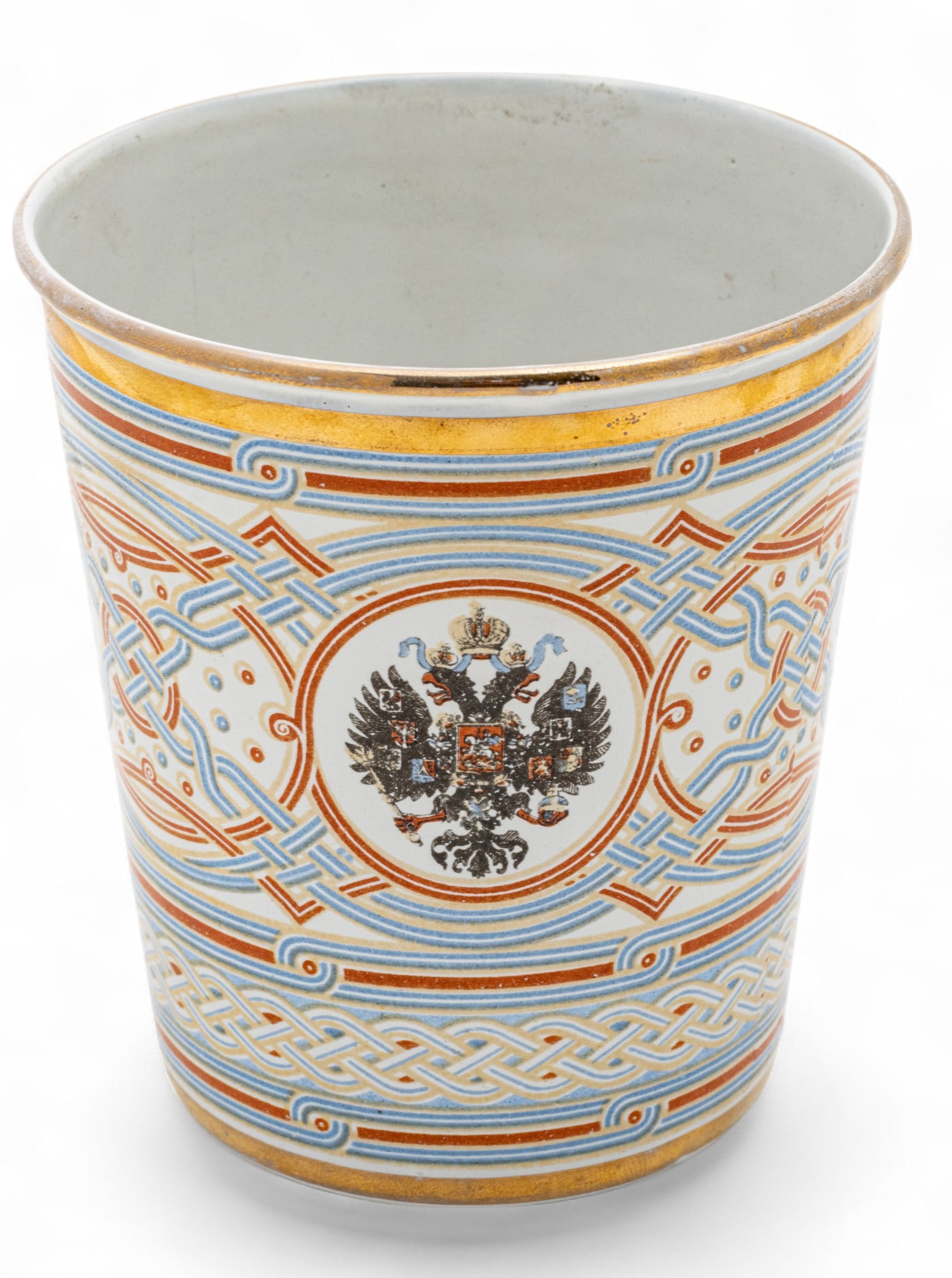 Russian Enamel on Metal Khodynka Cup of Sorrows, Ca. 1896 H 4" Dia. 3.8" 466t oz: Russian Enamel on Metal Khodynka Cup of Sorrows, Ca. 1896 H 4" Dia. 3.8" 466t oz Decorated with blue and red stamp work with a Romanov eagle and the monogram of Czar Nicholas II. A souvenir cup distri