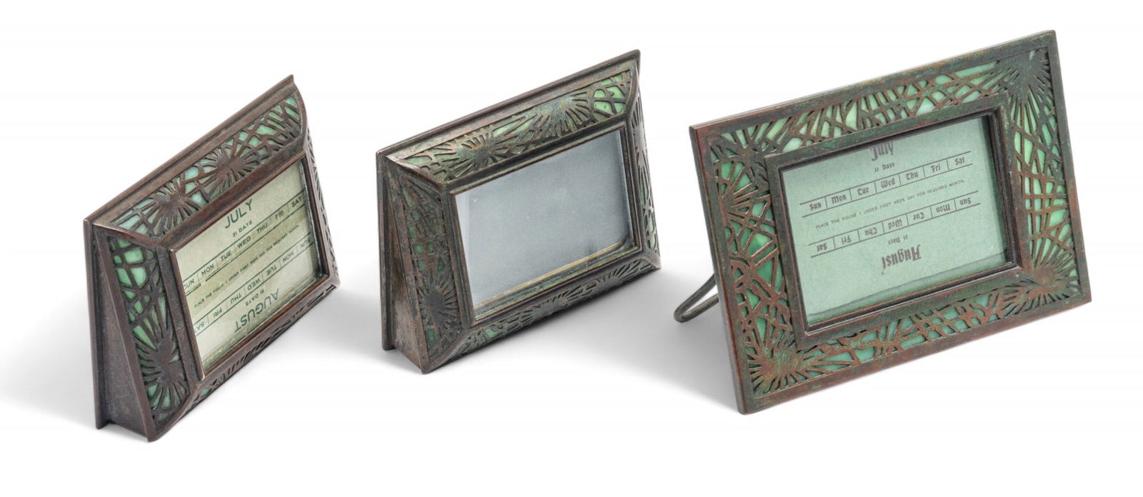 Tiffany Studios (American) 'Pine Needle' Bronze & Slag Glass Calendar Frames H 4" W 5.9" 3 PCS (1 of 9)