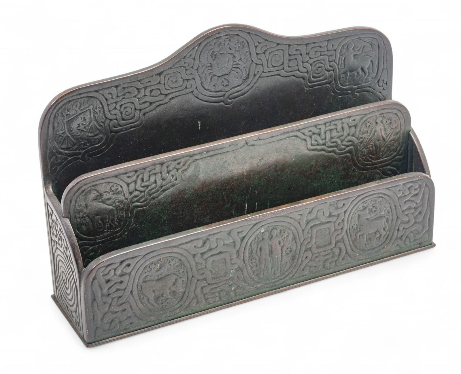 Tiffany Studios (New York) 'Zodiac' Bronze 1009 Small Letter Holder, Early 20th C. H 6.3" W 9.5" (1 of 7)