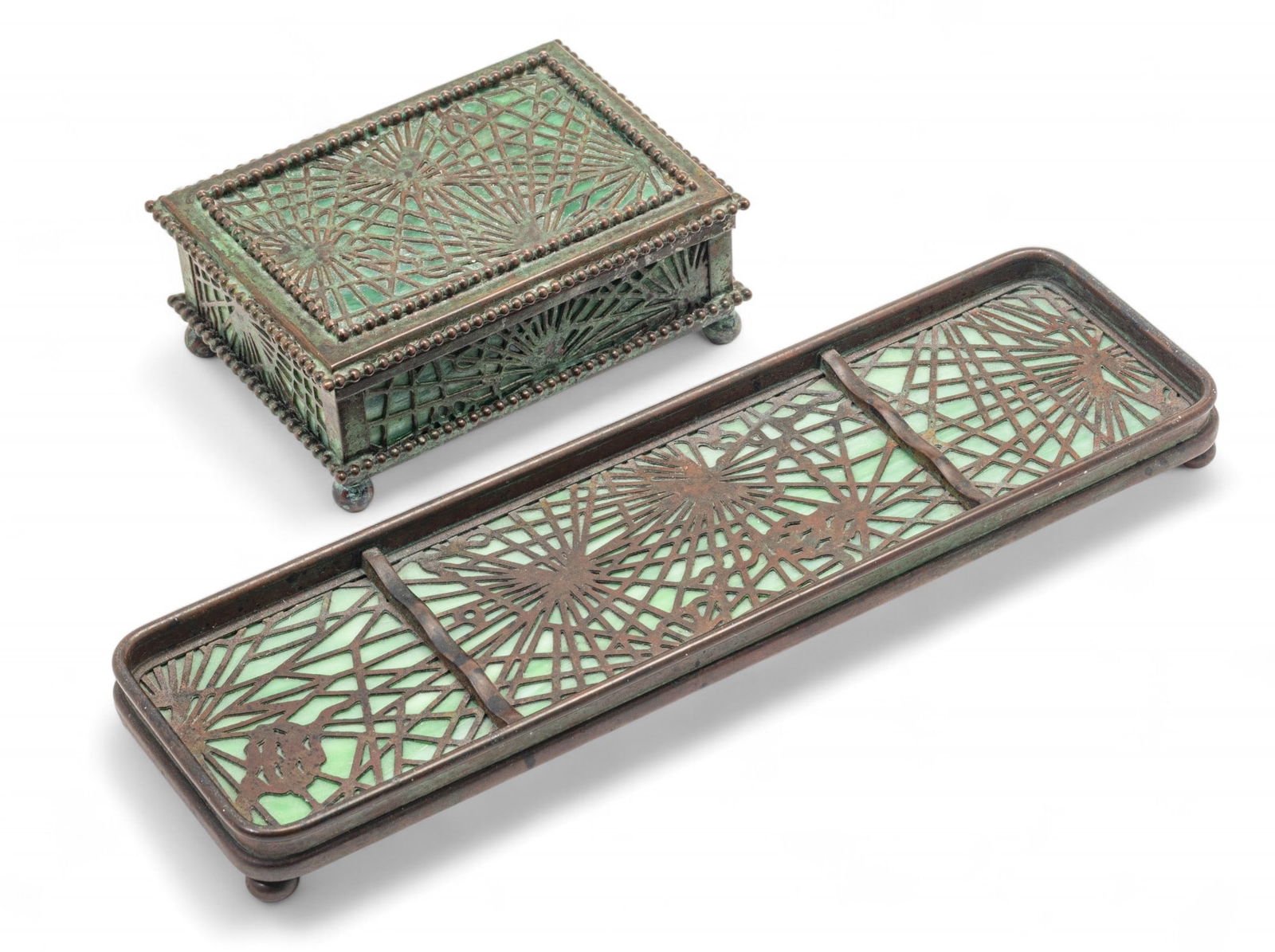 Tiffany Studios (New York) 'Pine Needle' Etched Metal & Favrile Glass Box & Pen Tray, Early 20th C. (1 of 12)