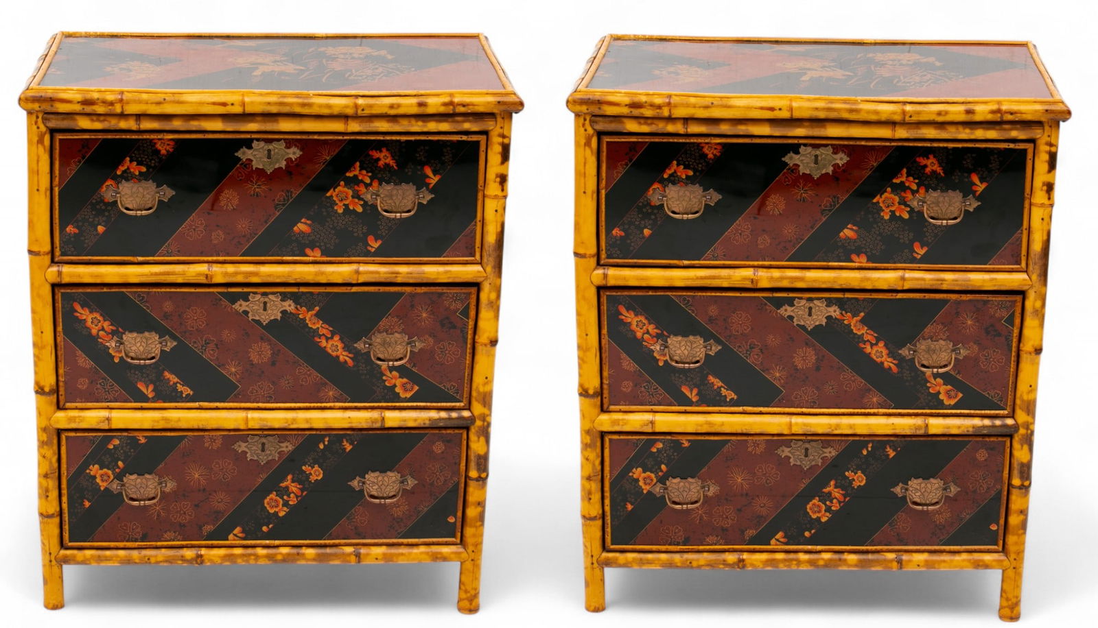 English Bamboo And Chinoiserie Lacquer Chest of Drawers, Pair, Ca. 19th Century H 35.3" L 30" Depth (1 of 7)