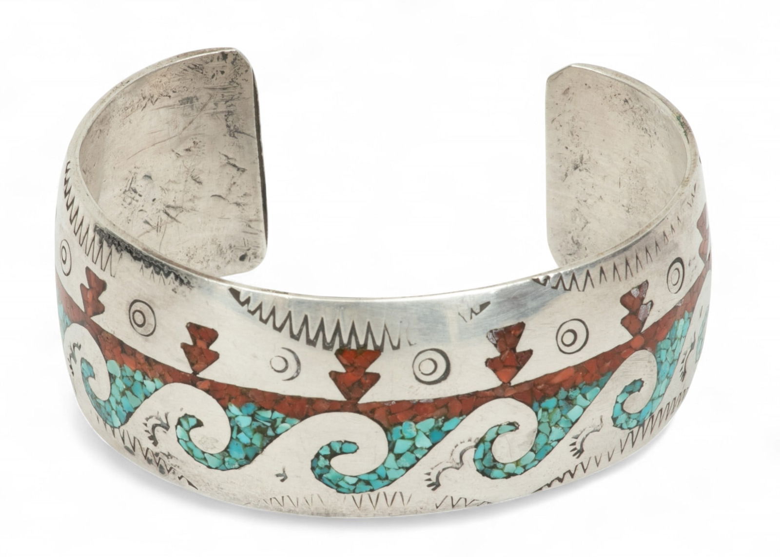 Navajo Turquoise And Coral Chip Inlay Cuff Bracelet, Ca. 1960 W 2.2" 47.8g (1 of 4)