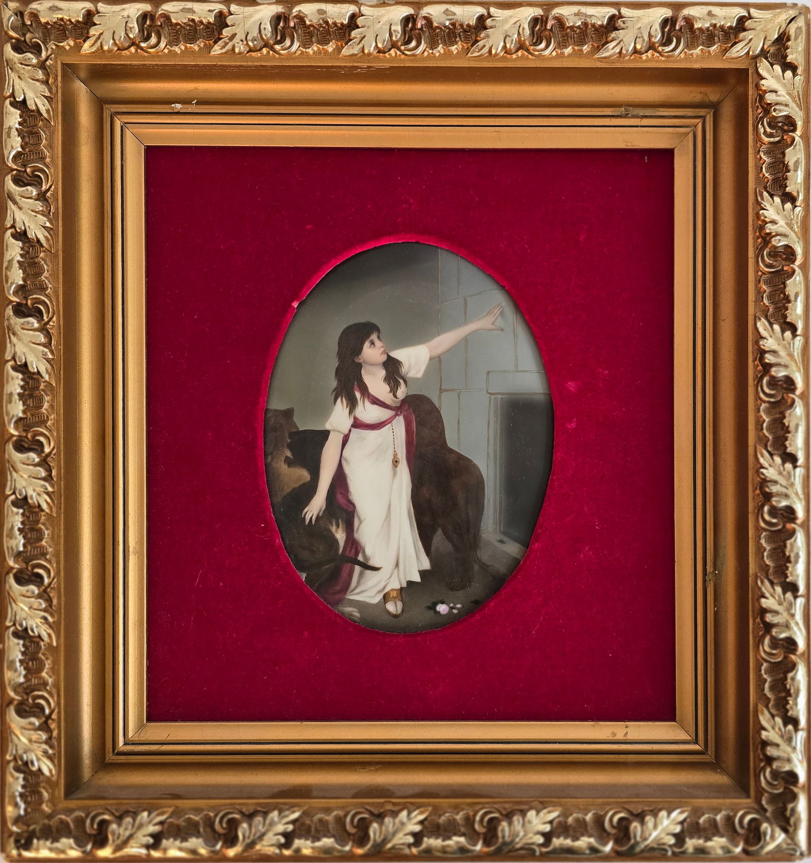 KPM Hand-painted Porcelain Plaque 'Young Woman with Lion' H 7" W 5.5" (1 of 4)