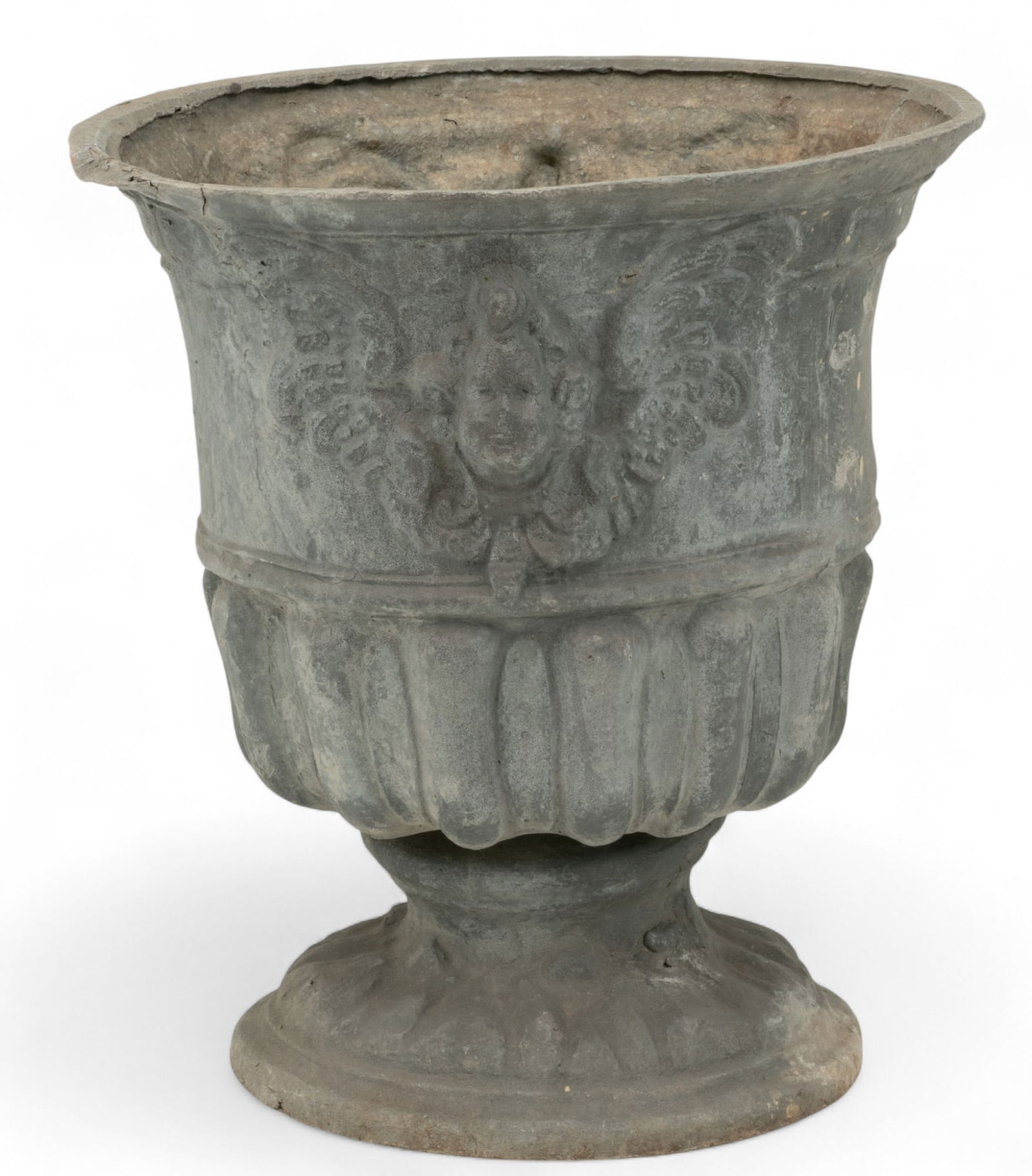 French Lead Urn Form Garden Pot, Cherub Masks 1900 H 14" Dia. 13" (1 of 5)