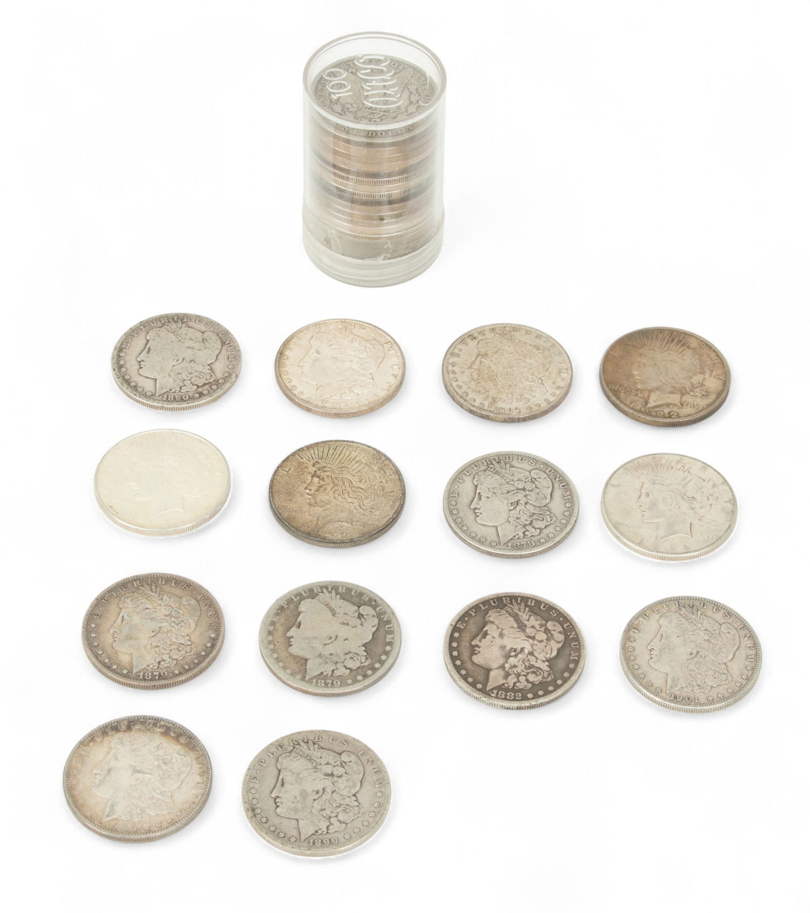 Liberty Head $1 Silver 1878 - 1927 34 PCS: Liberty Head $1 Silver 1878 - 1927 34 PCS In plastic cannister: One dollar silver coins: 1878 (1), 1879 (2), 1882 (1),1890 (2),1900(1), 1901 (1),1902 (2), 1921 (13), 1922 (4), 1923 (3), 1924 (1), 1925