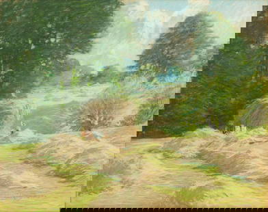 John Appleton Brown (American, 1844-1902) Pastel on Paper, Ca. 1880s, 'Gathering Hay' H 17.5" W: John Appleton Brown (American, 1844-1902) Pastel on Paper, Ca. 1880s, 'Gathering Hay' H 17.5" W 21.5" Signed in the lower right. Lush New England landscape with two figures stacking hay in a rolling