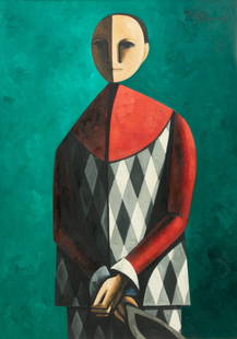 Duilio (Dubè) Barnabé (Italian, 1914-1961) Oil on Canvas, 'Harlequin' H 36" W 25.5": Duilio (Dubè) Barnabé (Italian, 1914-1961) Oil on Canvas, 'Harlequin' H 36" W 25.5" Signed in the upper right. Standing harlequin with arms crossed and hat in hand against a green
