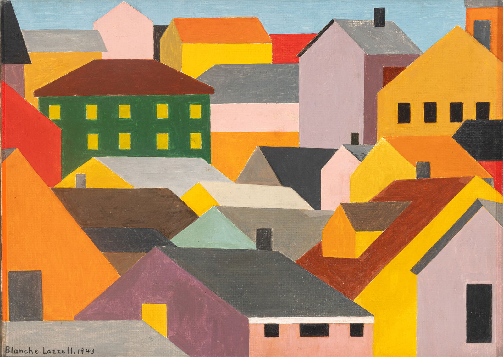 Blanche Lazzell (American, 1878-1956) Oil on Board, 1943, 'Composition II Rooftops' H 12.8" W 17.2": Blanche Lazzell (American, 1878-1956) Oil on Board, 1943, 'Composition II Rooftops' H 12.8" W 17.2" Signed lower left and dated 1943. Frame 20" x 25". Label: Picture Frames by Jennings, Boca Raton, Fl