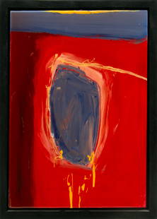 Dzine (Carlos Rolon) (American, B. 1970) Acrylic And Envirotex on Board, 1999, 'In the Beginning' H: Dzine (Carlos Rolon) (American, B. 1970) Acrylic And Envirotex on Board, 1999, 'In the Beginning' H 18" W 12" Abstract image on a red field. Acrylic and Envirotex resin on panel. Unsigned. 