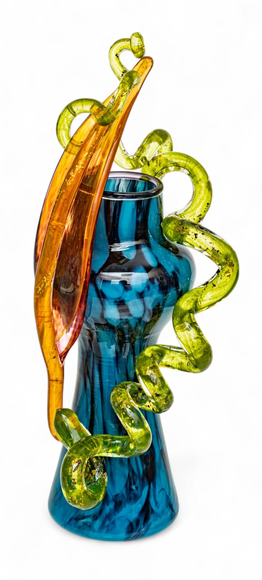 Dale Chihuly (American, B. 1941) Blown Cobalt Vase with Orange-red Leaf with Gold Leaf And Green (1 of 8)