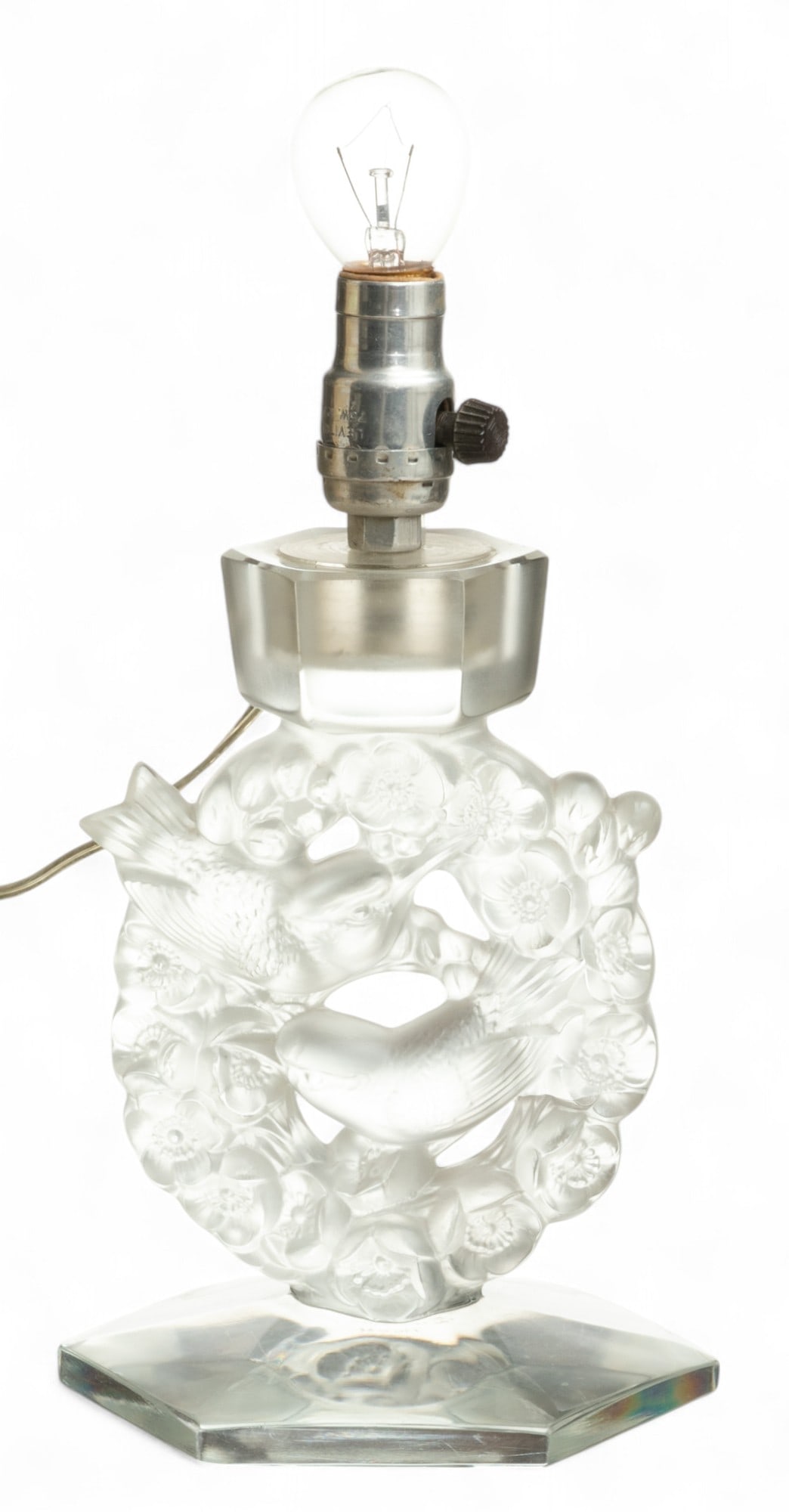 Lalique (French) Frosted Art Crystal Lamp 'Mesanges Pattern' H 8.8" W 4.5" L 4.5" (1 of 5)