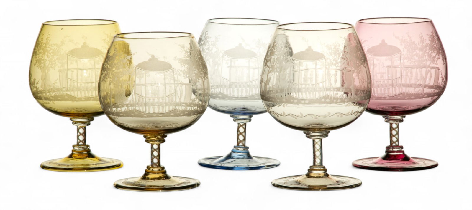 Venetian Etched Blown Glass Brandy Snifters H 5.5" Dia. 3.8" 5 PCS: Venetian Etched Blown Glass Brandy Snifters H 5.5" Dia. 3.8" 5 PCS One blue, one pink, one amber and two clear. Each etched with a scene of courtship with a couple and a dog in a garden setting. Spira