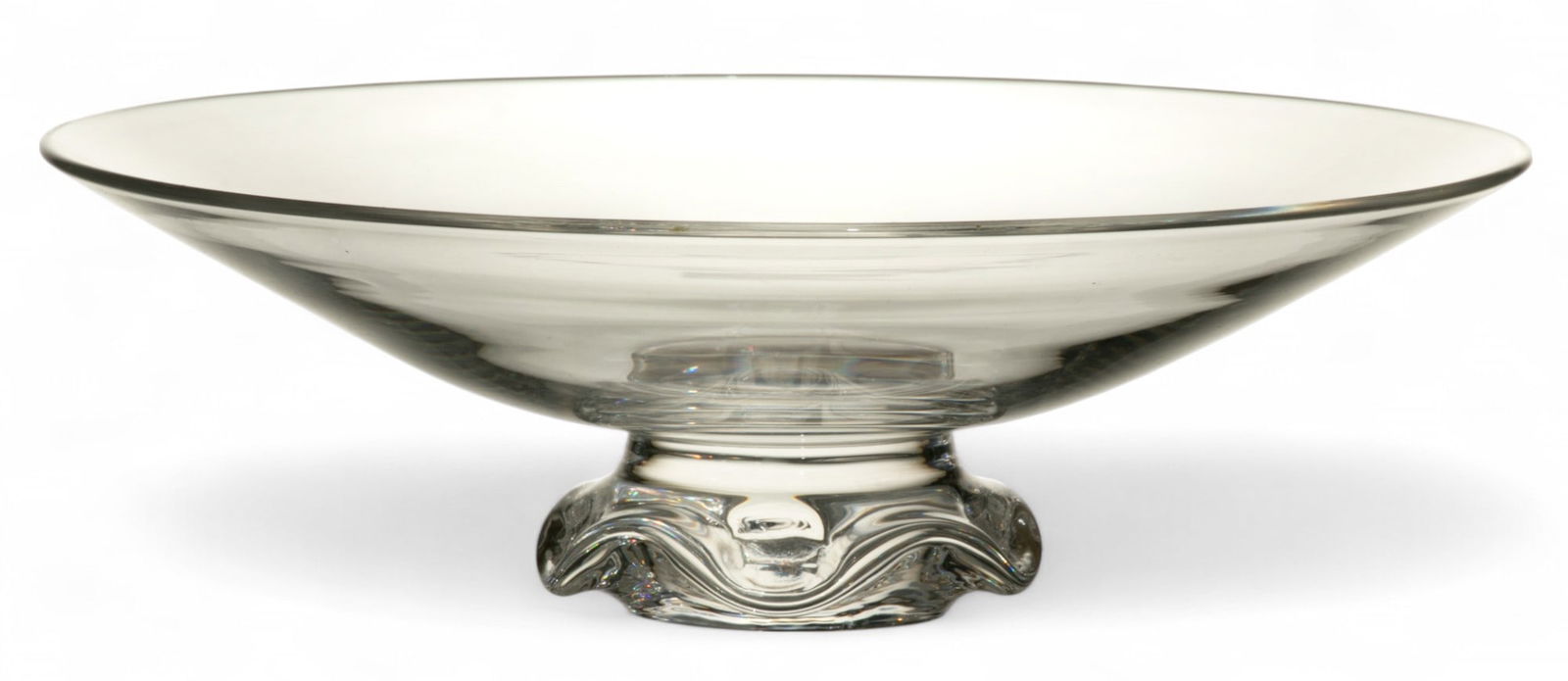 Steuben (American) Crystal Footed Centerpiece Bowl H 4" Dia. 12.3": Steuben (American) Crystal Footed Centerpiece Bowl H 4" Dia. 12.3" Etched Steuben signature on the underside. Tooled crystal base with an open shallow basin. Provenance: From the Estate of Prom
