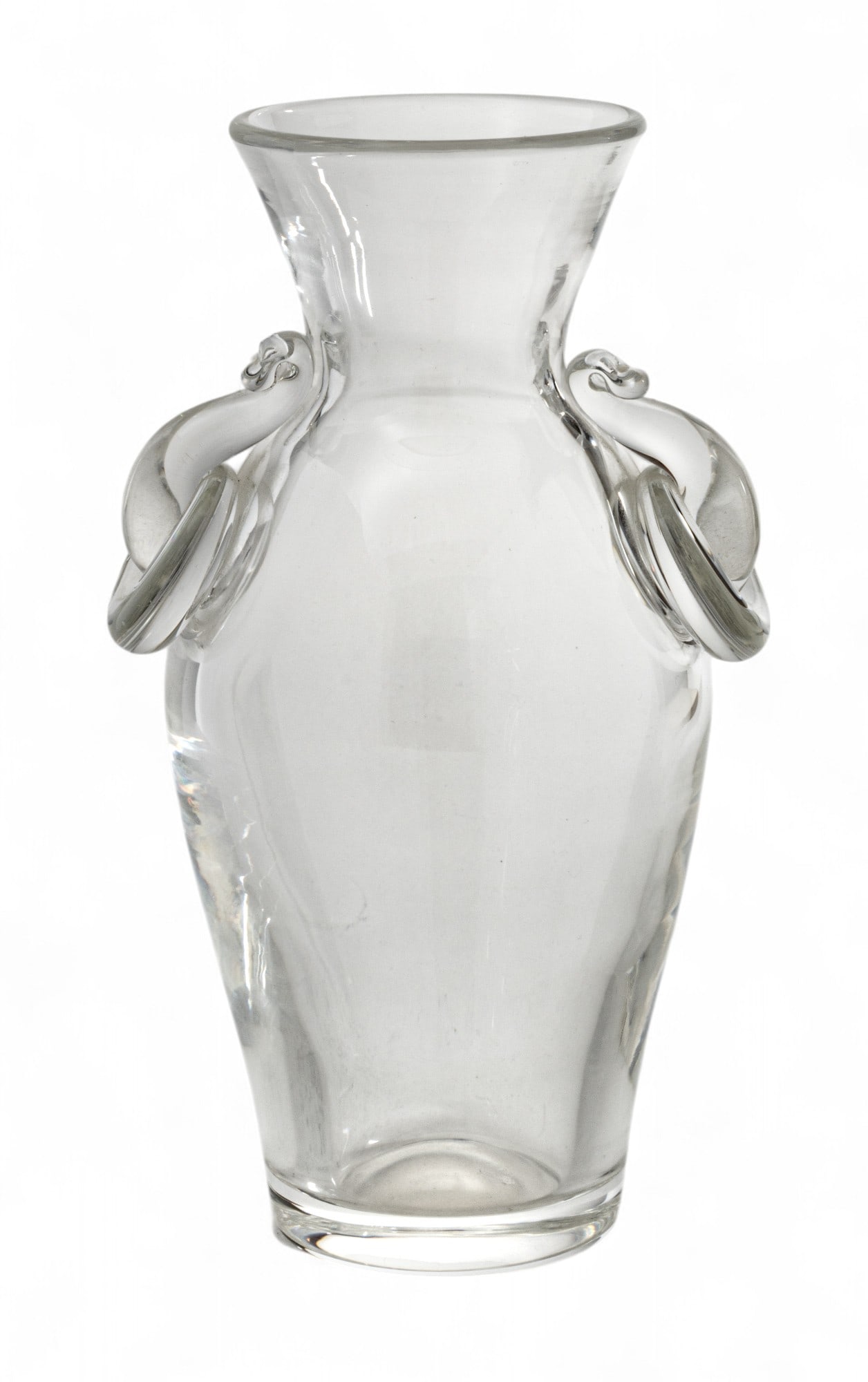 Steuben (American) Crystal Amphora Vase, 20th C. H 9.5" Dia. 6": Steuben (American) Crystal Amphora Vase, 20th C. H 9.5" Dia. 6" Signed on the underside. Trumpet neck, double handle amphora vase. Provenance: From the Estate of Prominent Collectors, Irving and Aubr