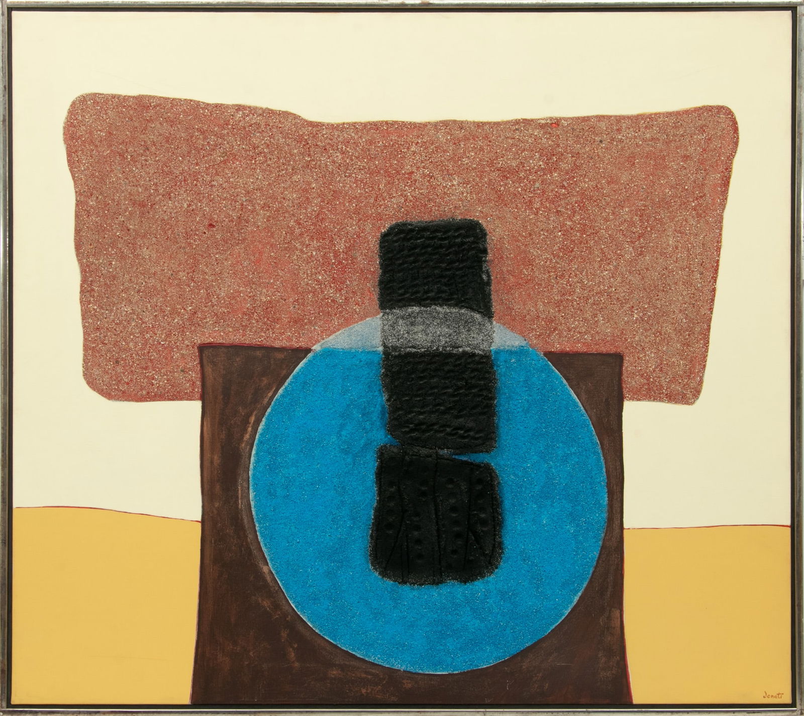 Enrico Donati (Italian, 1909-2008) Oil And Sand Mixed Media on Canvas, 1967, 'Anvil' H 40" W 45": Enrico Donati (Italian, 1909-2008) Oil And Sand Mixed Media on Canvas, 1967, 'Anvil' H 40" W 45" Signed in the lower right and on the verso. Titled and dated on the stretcher. Oil on canvas with appli
