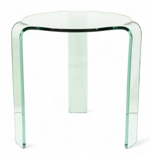 Fiam Italia Bent Glass Side Table H 18" Dia. 18": Fiam Italia Bent Glass Side Table H 18" Dia. 18" Clear glass side table with three curved legs in the style of Alvar Aalto. Fiam Italy marking at the bottom of one leg. Provenance: From the Estate of