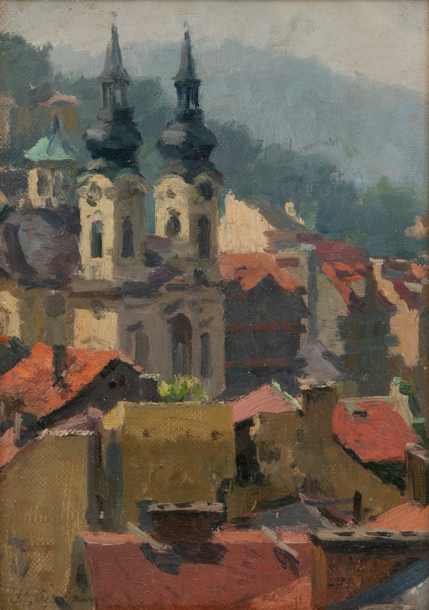 Mikhail Suzdaltsev (Russian, 1917-1998) Oil on Canvas Board 1955, 'Karlovy Vary' H 31" W 21": Mikhail Suzdaltsev (Russian, 1917-1998) Oil on Canvas Board 1955, 'Karlovy Vary' H 31" W 21" Signed lower right. Signed, dated, titled on verso. Frame dimensions H 17.75" W 14". From Gekkoso Gallery, 