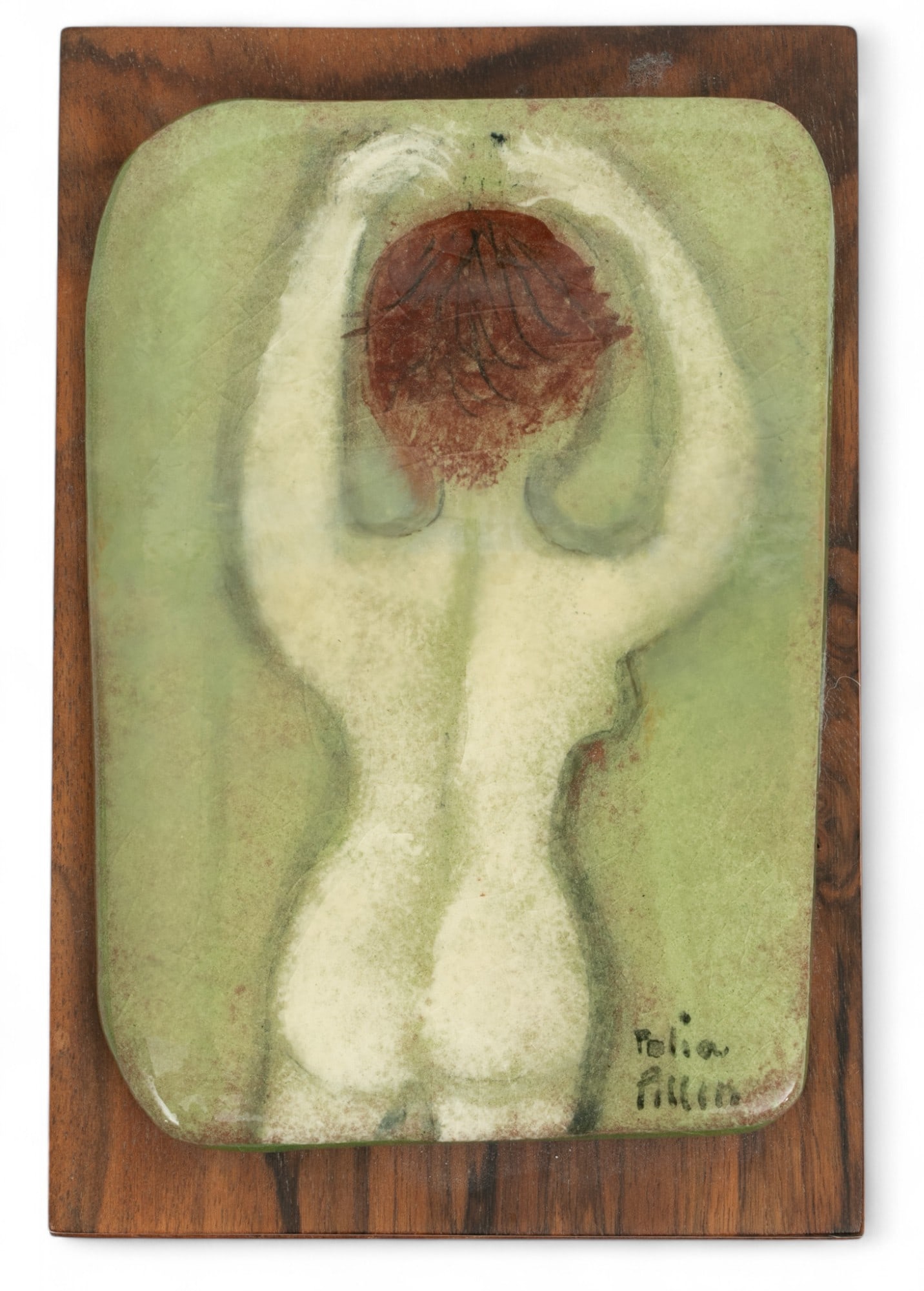 Polia Pillin Pottery (Polish/American, 1909-1992) Ceramic Tile on Wooden Box H 3" W 3.8" L 5.5": Polia Pillin Pottery (Polish/American, 1909-1992) Ceramic Tile on Wooden Box H 3" W 3.8" L 5.5" Nude female dancer. Signed on lower right of tile. Dimensions: 1 PC x H 3" W 3.75" L 5.50"