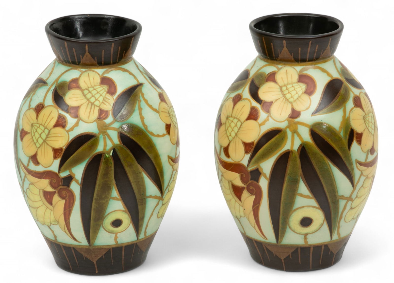 Charles Catteau (French, 1880-1966) for Boch Keramis (Belgian) Pair of Ceramic Vases H 9.5" Dia. 6": Charles Catteau (French, 1880-1966) for Boch Keramis (Belgian) Pair of Ceramic Vases H 9.5" Dia. 6" 2 PCS Having floral design, makers marked on underside with #D1847 and incised #1264.9.25 Dimensions