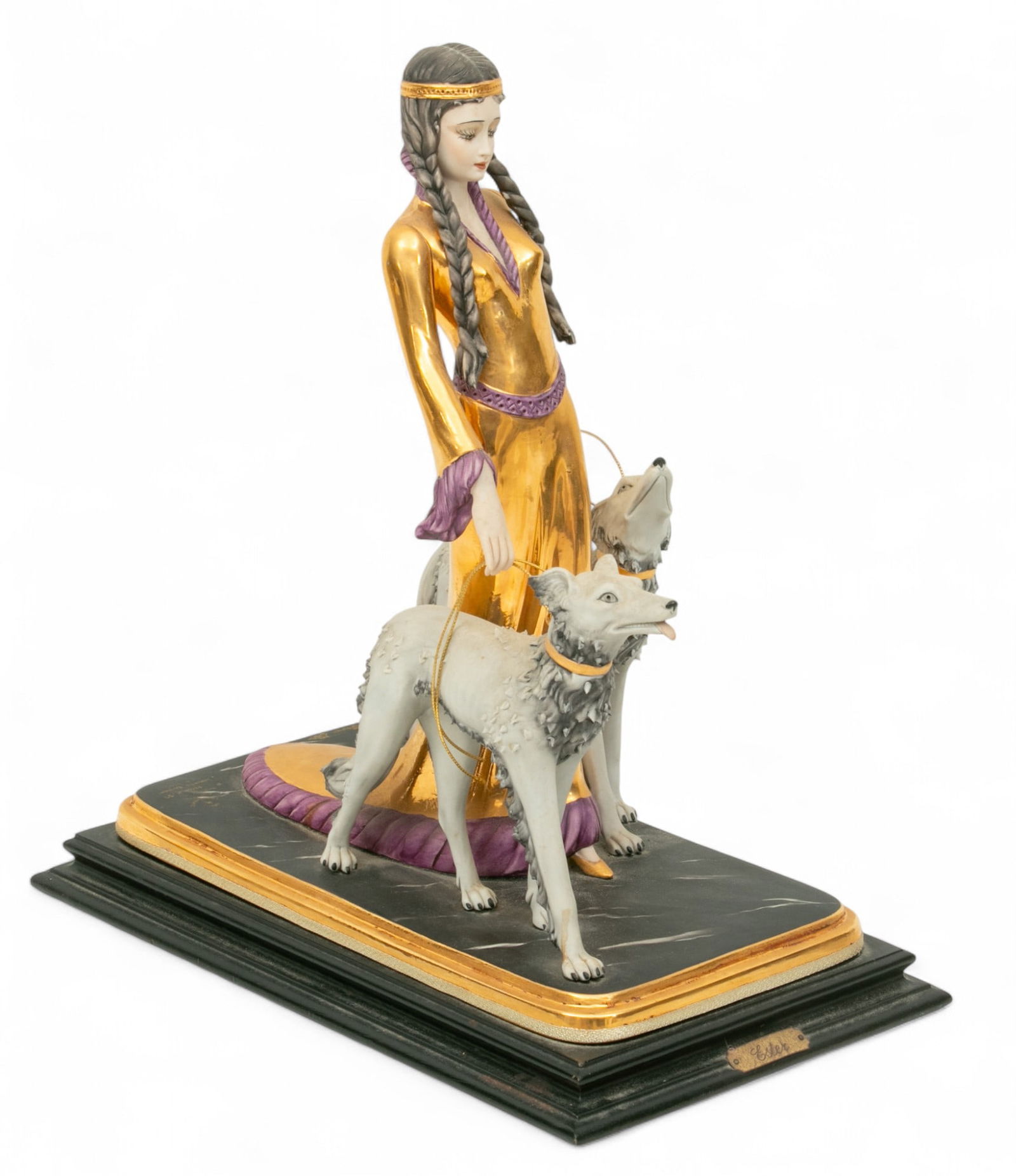 Erte (French, 1892-1990) by Capodimonte Porcelain Woman with Wolfhounds H 16" W 7.3" Depth 14" (1 of 8)