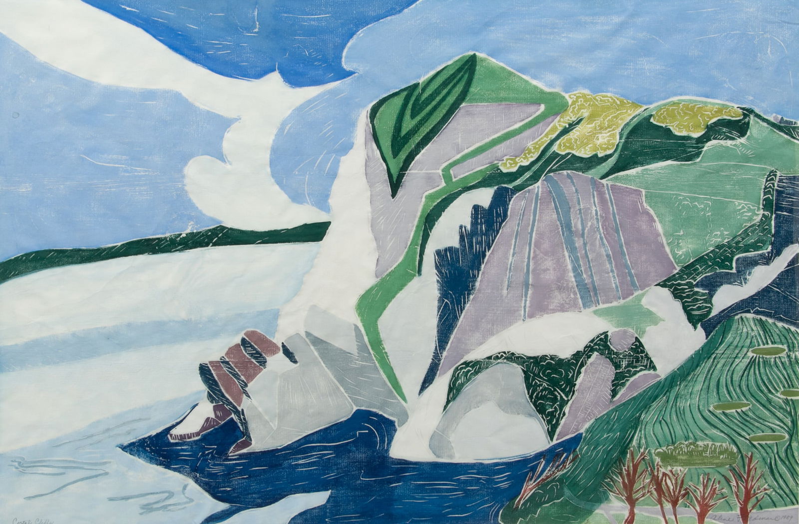 Aline Feldman (American, B. 1928) Woodcut in Colors on Paper 1989, 'Coastal Cliffs' H 31" W 47" (1 of 6)