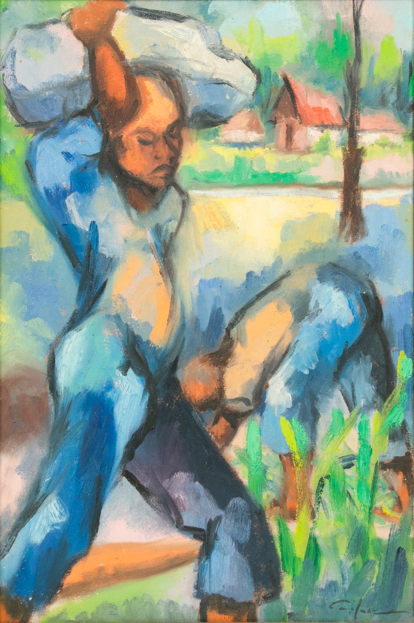 Signed Oil on Canvas, Mid 20th C., Two Laborers Harvesting Crops H 24.5" W 16.3" (1 of 5)