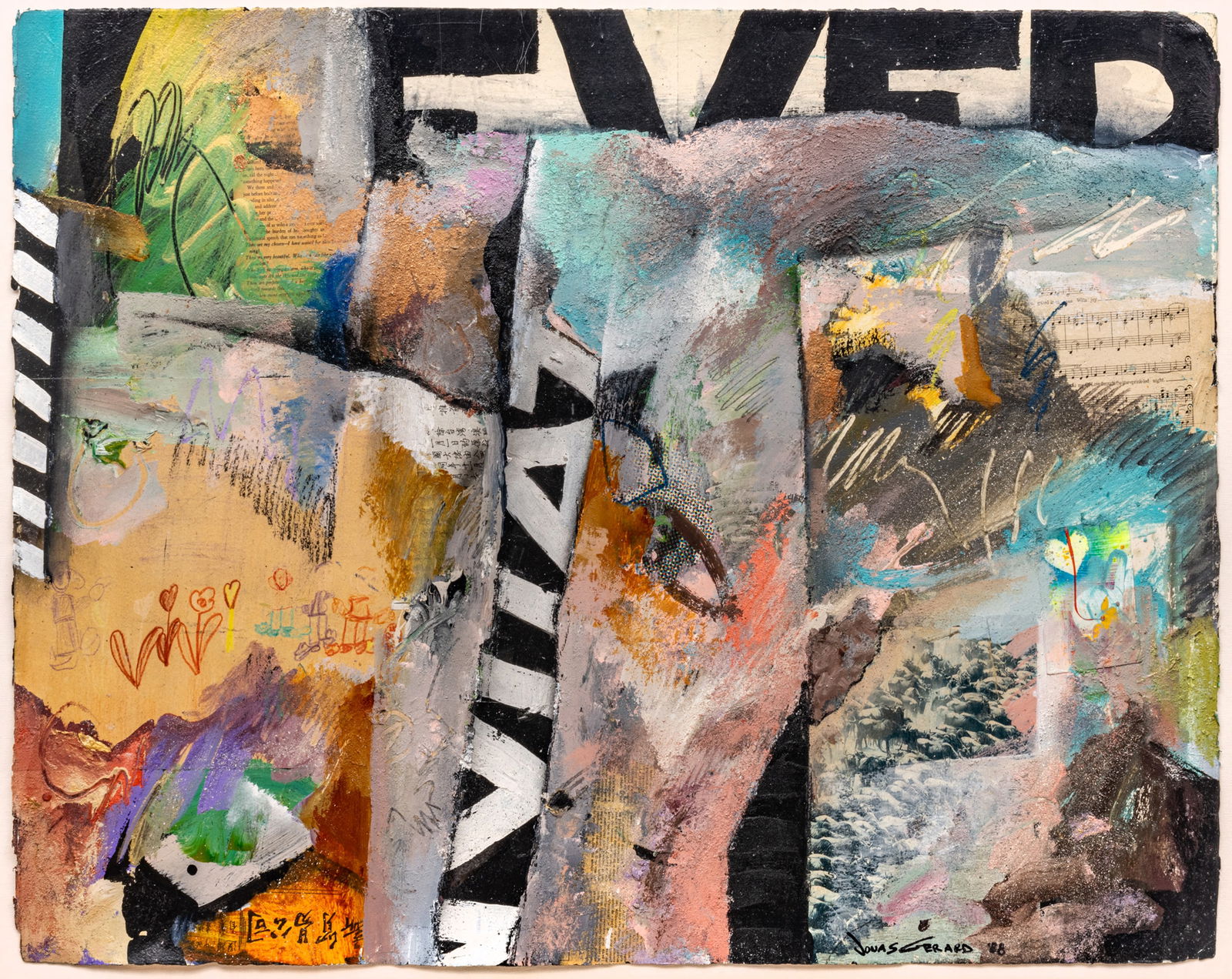 Jonas Gerard (American, 1941-2020) Mixed Media on Paper, 1988 H 29" W 41": Jonas Gerard (American, 1941-2020) Mixed Media on Paper, 1988 H 29" W 41" Signed and dated in the lower right. Mixed media of oil, conte crayon, ink, collage and sand. Floated under acrylic in a giltw