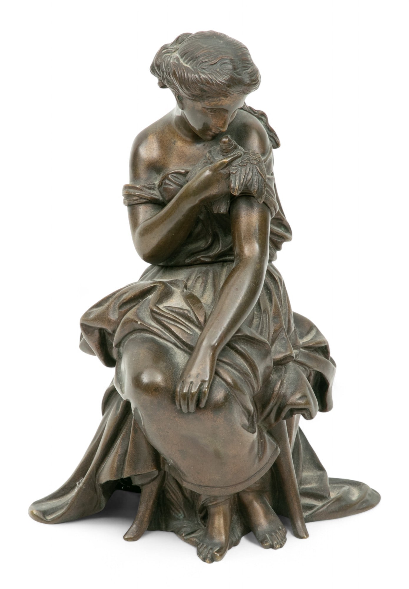 Maurau Bronze Sculpture of a Seated Young Woman, 19th Cent. H 8" W 4.5" Depth 4.5": Maurau Bronze Sculpture of a Seated Young Woman, 19th Cent. H 8" W 4.5" Depth 4.5" seated young woman in greenish black patina. Marked on verso. Provenance: Property from a Bloomfield Hills, MI privat