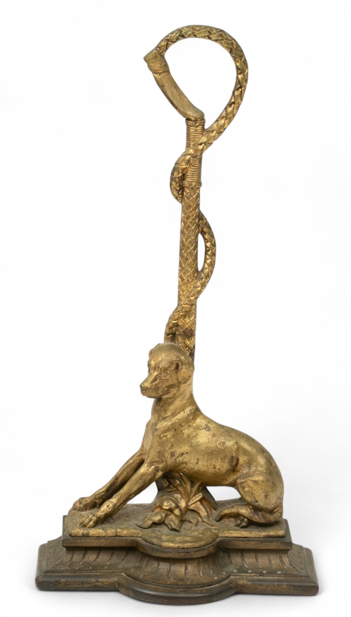 William Tonks And Sons (English) Victorian Brass And Cast Iron Hunting Dog Door Stop, Ca. 1867 H: William Tonks And Sons (English) Victorian Brass And Cast Iron Hunting Dog Door Stop, Ca. 1867 H 18.8" W 9.5" L 4.3" Brass figure of a seated hunting dog with a riding crop-form handle. Set atop a cas