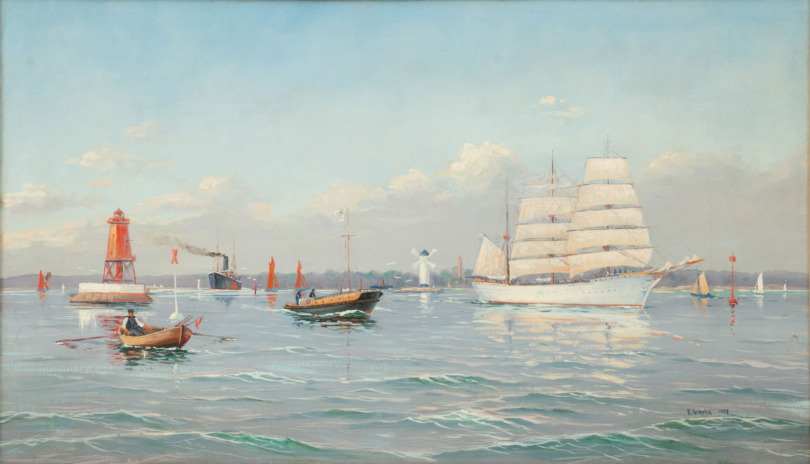 E. Gehrke (German, 20th C.) Oil on Board, Ca. 1938, 'Harbor Approach' H 19.5" W 33": E. Gehrke (German, 20th C.) Oil on Board, Ca. 1938, 'Harbor Approach' H 19.5" W 33" Signed and dated in the lower right. Depicting a three-masted barque, freighter, rowboat and tug boat navigating buo