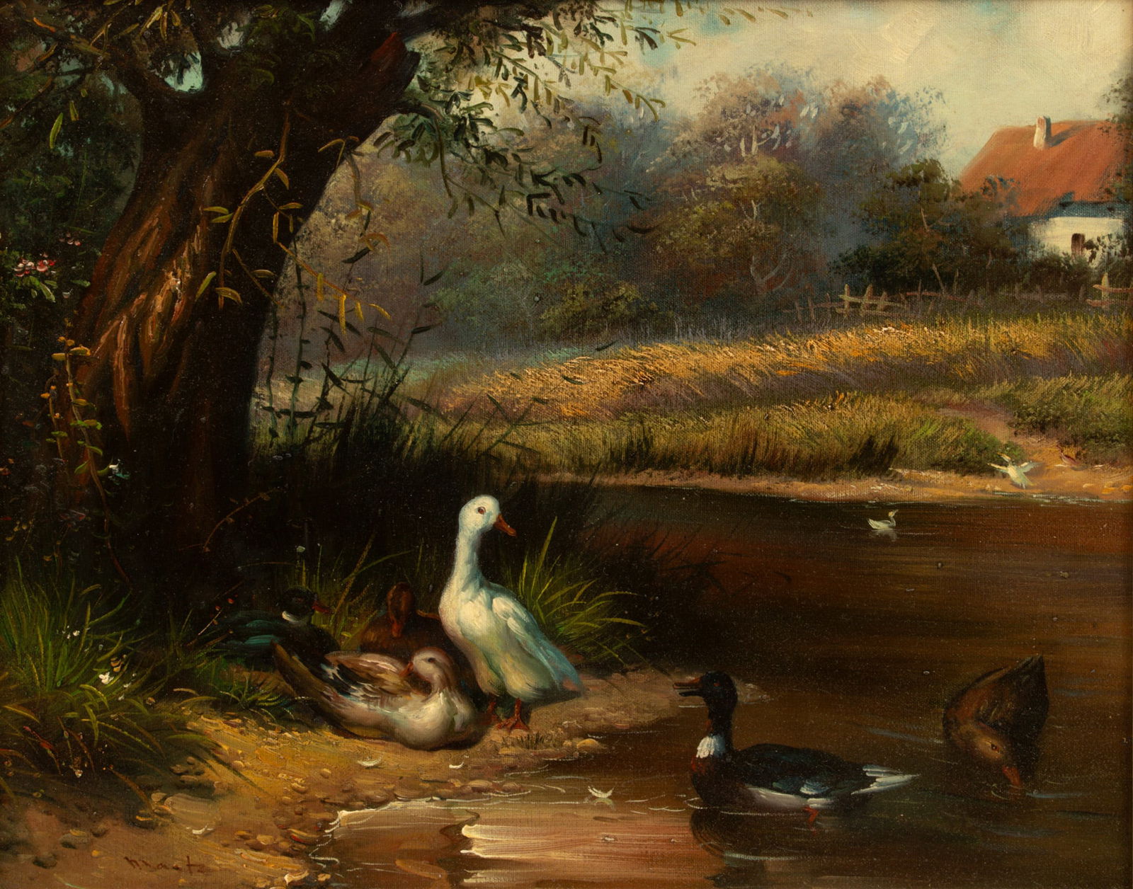 American Oil on Canvas, Late 20th C., 'Ducks at a Pond's Edge' H 16" W 20" 1 PC (1 of 5)