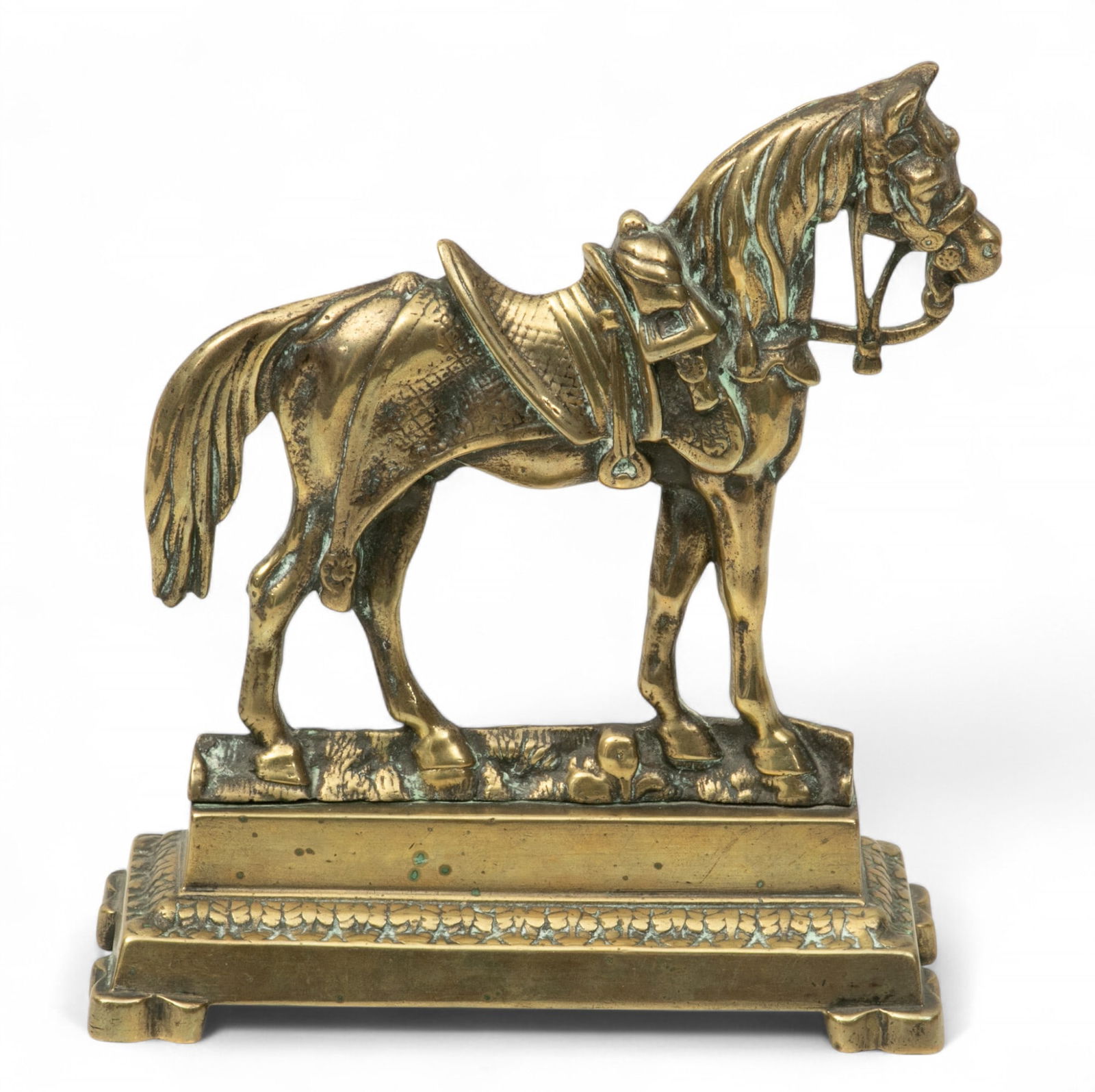 English Brass Horse-Form Doorstop, Ca. Early 20th C. H 8.5" W 3" L 7.5": English Brass Horse-Form Doorstop, Ca. Early 20th C. H 8.5" W 3" L 7.5" In the form of a horse with blanket, saddle and bit. Mounted to a pedestal base. No markings. Provenance: From the Estate of Pr