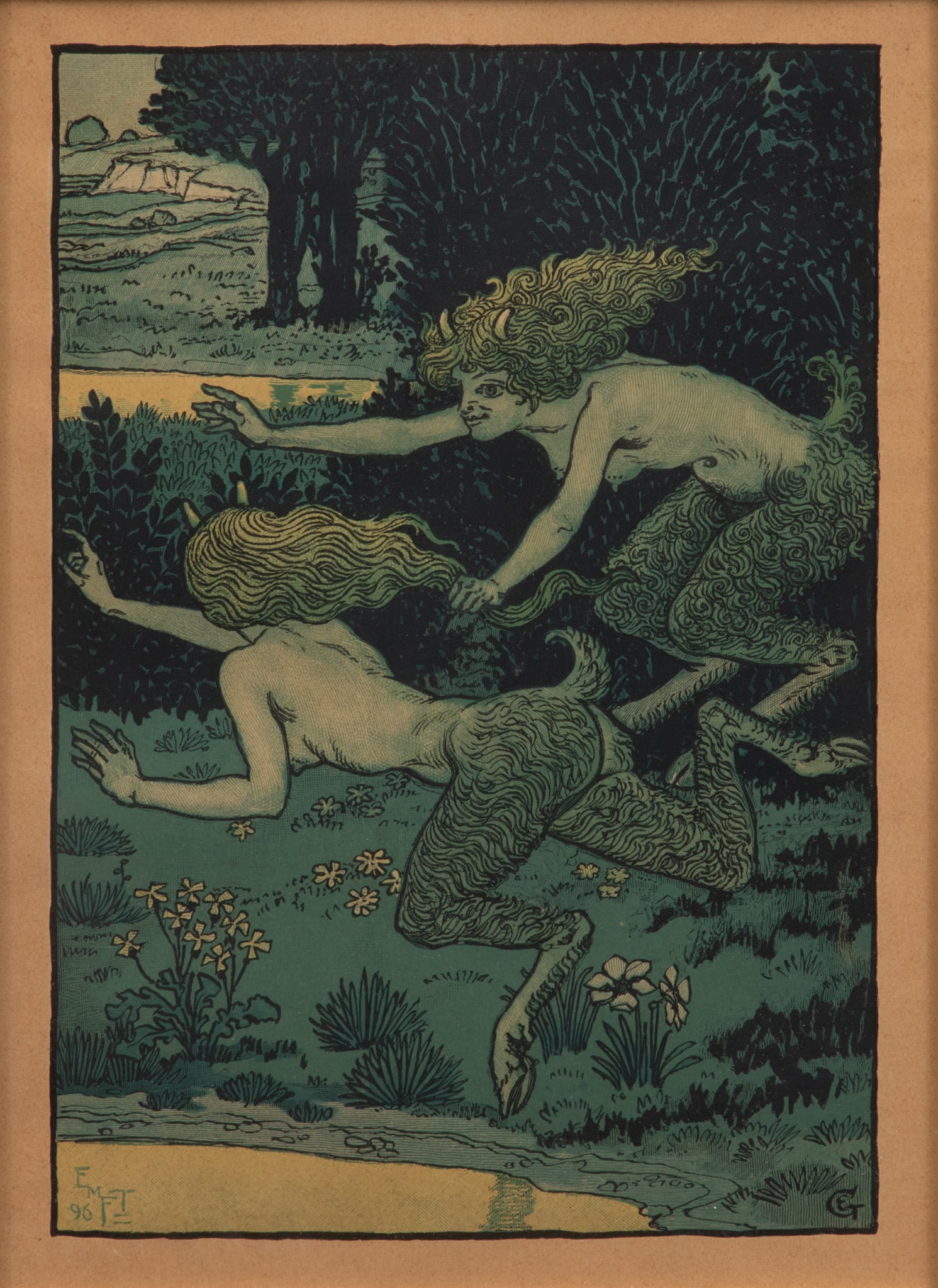 Eugene Froment (French, 1844-1926) After Eugene Grasset, Wood Engraving on Paper, Late 19th C., 'Les: Eugene Froment (French, 1844-1926) After Eugene Grasset, Wood Engraving on Paper, Late 19th C., 'Les Petites Faunesses' H 8.3" W 5.8" Wood engraving by Eugene Froment, after Eugene Grasset (French, 18