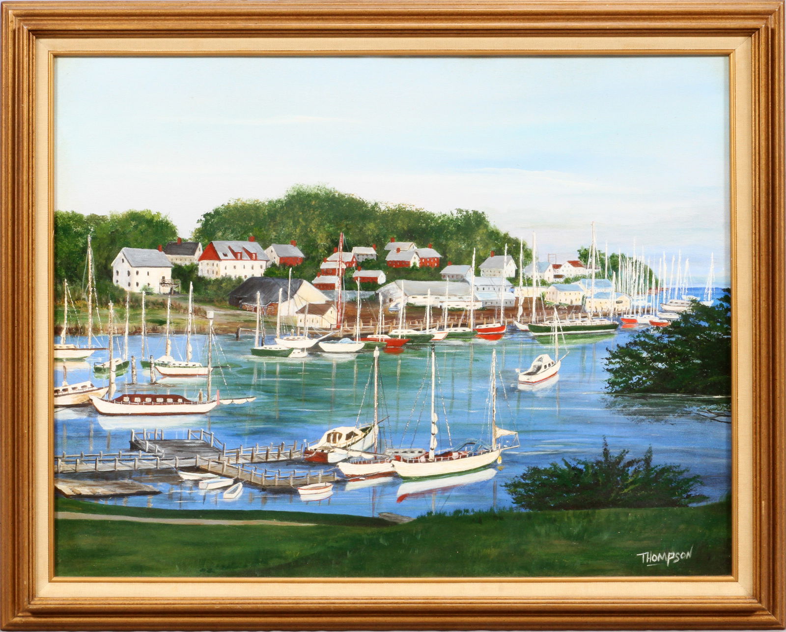 Thompson, Giclee on Canvas, 'Boats in Port', a Harbor View H 22'' W 28'': Thompson, Giclee on Canvas, 'Boats in Port', a Harbor View H 22'' W 28'' A signed giclée of sail boats in port with a town in the background. Signed "Thompson" lower right. Visible image measures