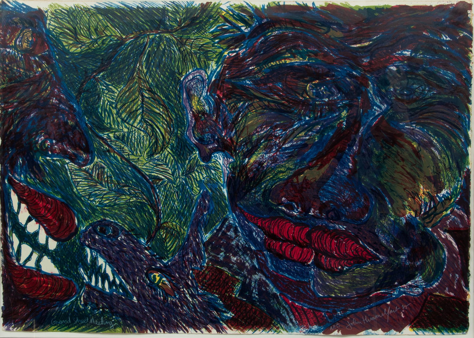 H. John Himmelfarb , B. 1946 Nine-Color Lithograph 1985, 'Grant Street Meeting' H 29.5" W 42.5": H. John Himmelfarb , B. 1946 Nine-Color Lithograph 1985, 'Grant Street Meeting' H 29.5" W 42.5" Rendered in shades of red, blue and green; artist’s proof 2/10, dated 1985, float framed. Also fou